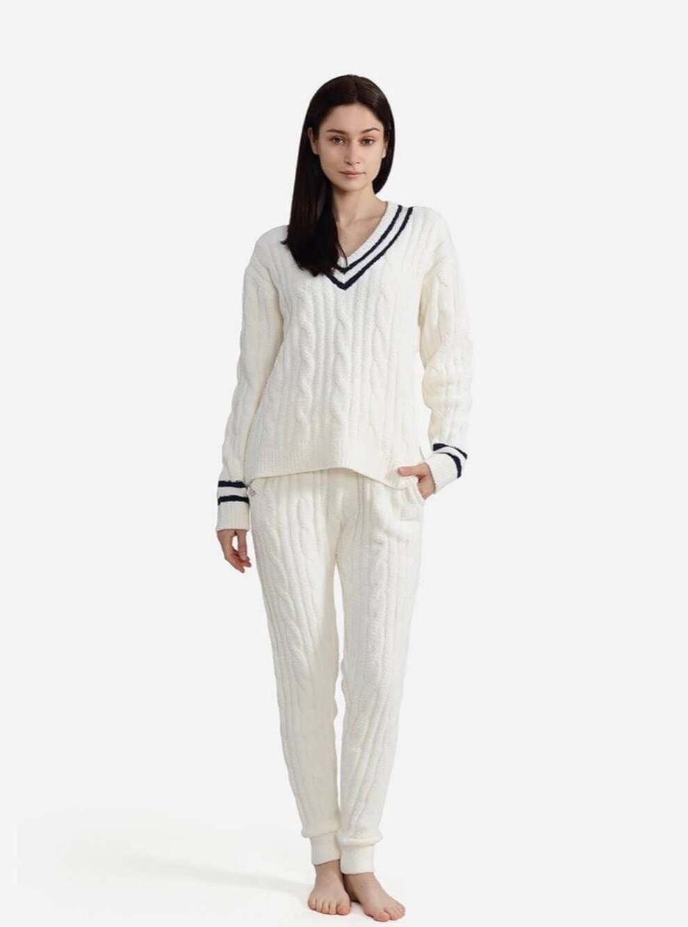 Sunday Citizen Cable Knit V-Neck with Stripe Sweater Size M